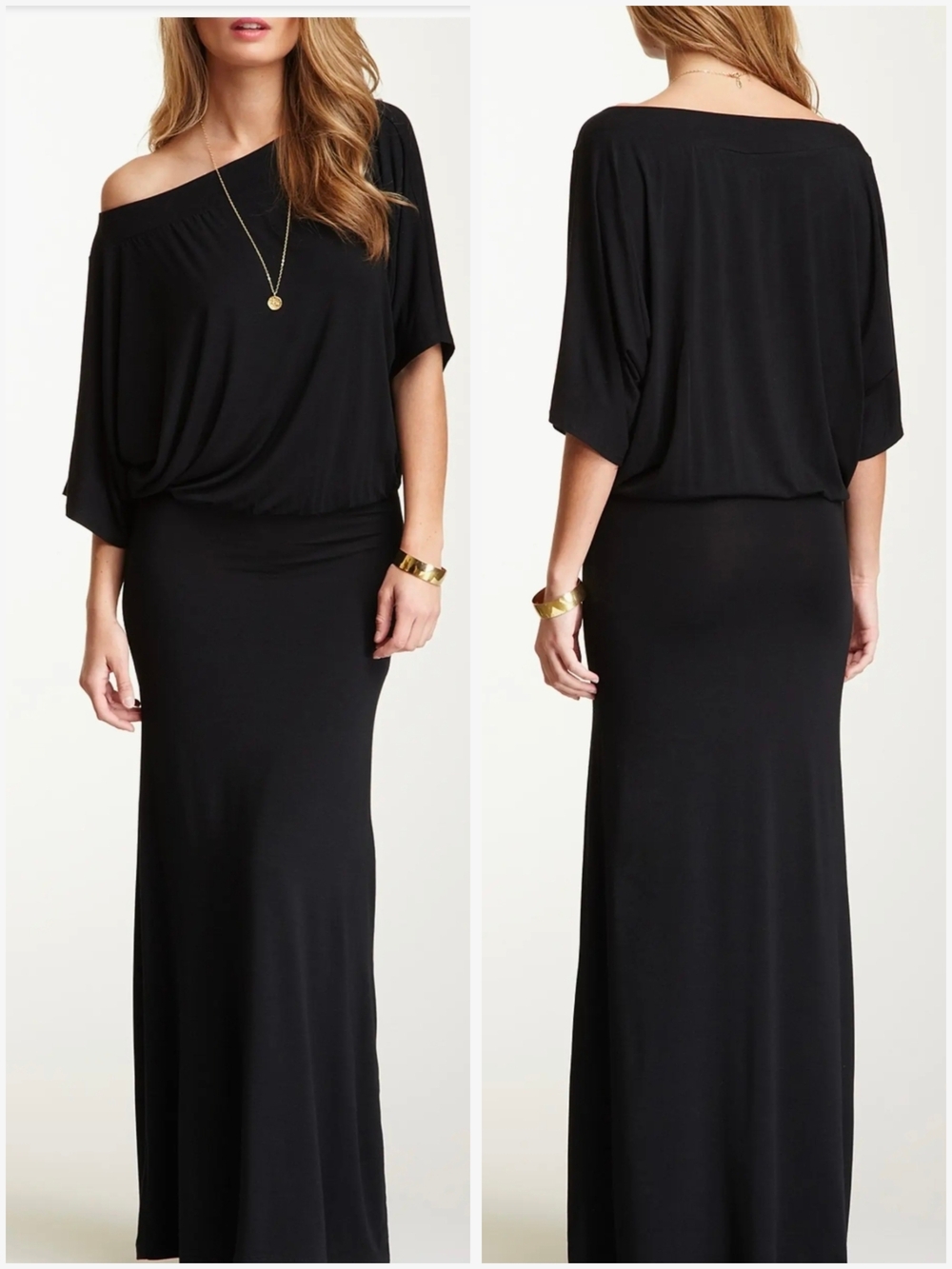 New Go Couture Dolman Sleeves Maxi Dress Black Off-Shoulder NWT, Size Large